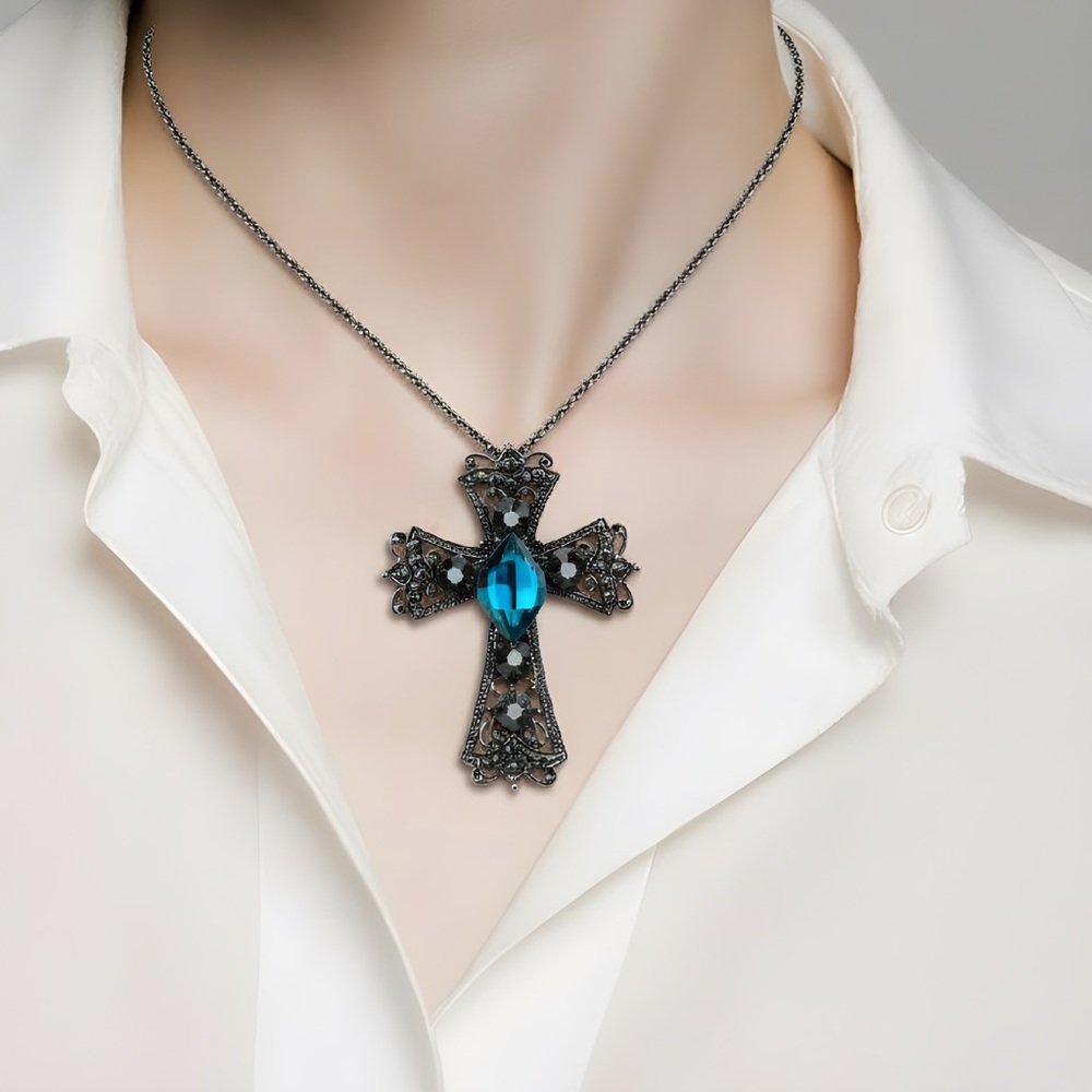 *NEW* Slate Toned Cross Pendant with Deep Aquamarine Center Rhinestone